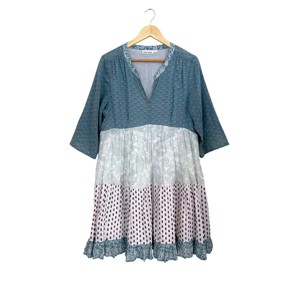 Roller Rabbit Mixed Block Print Tiered Cotton Mini Dress Size Medium